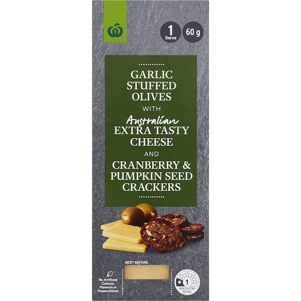 Woolworths Extra Tasty Cheese, Garlic Olives & Artisan Crackers 60g