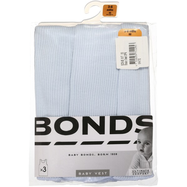 Bonds Baby Vest White Size 000 - 2 Each