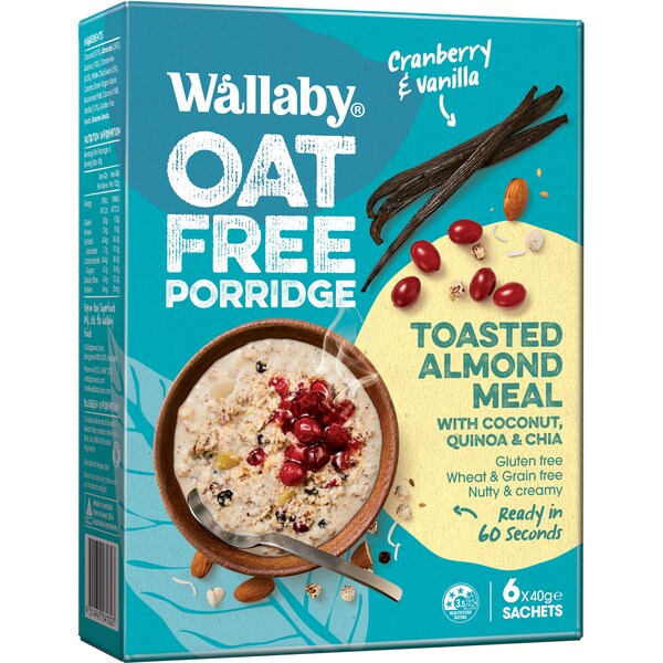 Wallaby Oat Free Porridge Cranberry & Vanilla Toasted Almond Meal 6 Pack