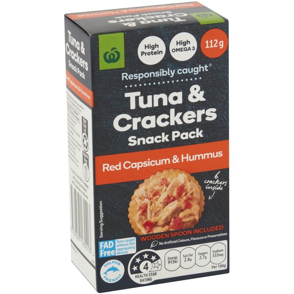 Woolworths Tuna & Crackers Snack Pack Red Capsicum & Hummus 112g