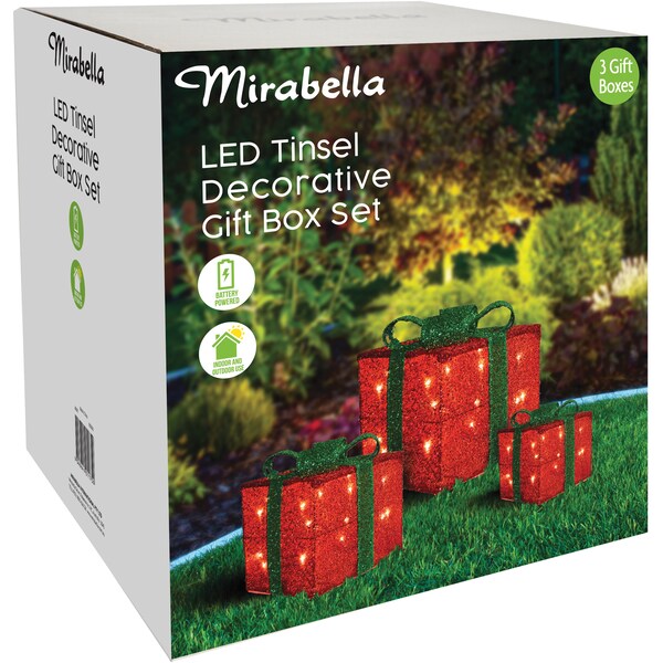 Mirabella Battery Operated Led Tinsel Decorative Gift Box Set 3 Pack