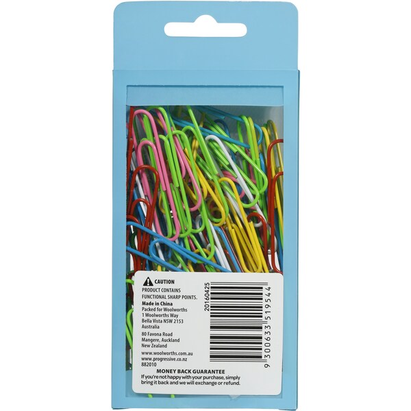 Woolworths Coloured Paper Clips 50mm 100pk