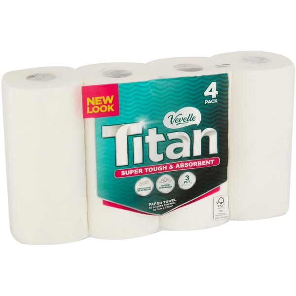 Vevelle Titan Paper Towels White 3 Ply 240 Sheets 4 Pack