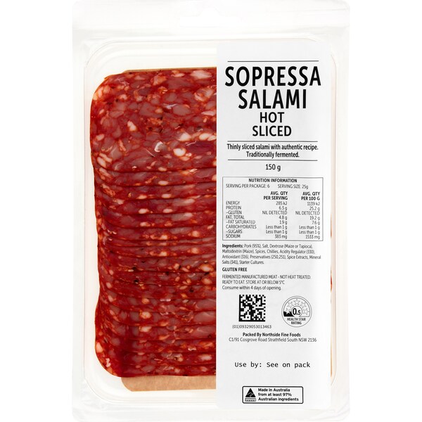 Sopressa Salami Hot Sliced 150g