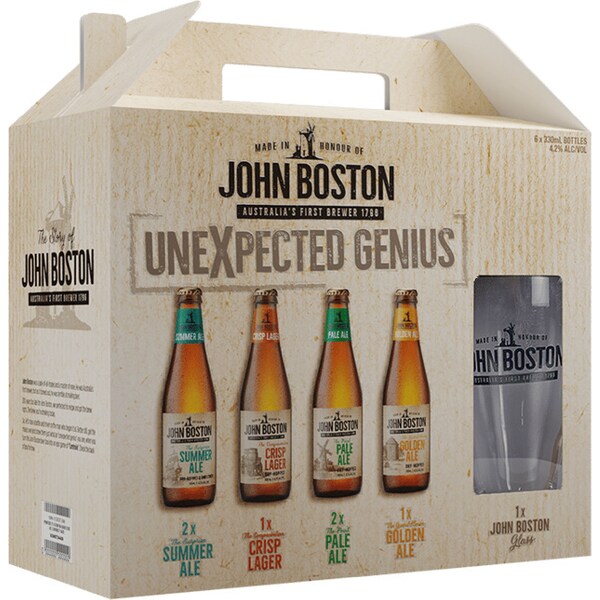 John Boston Explorer Gift Pack With 2 Glasses Bottles 330mL x 6 pack