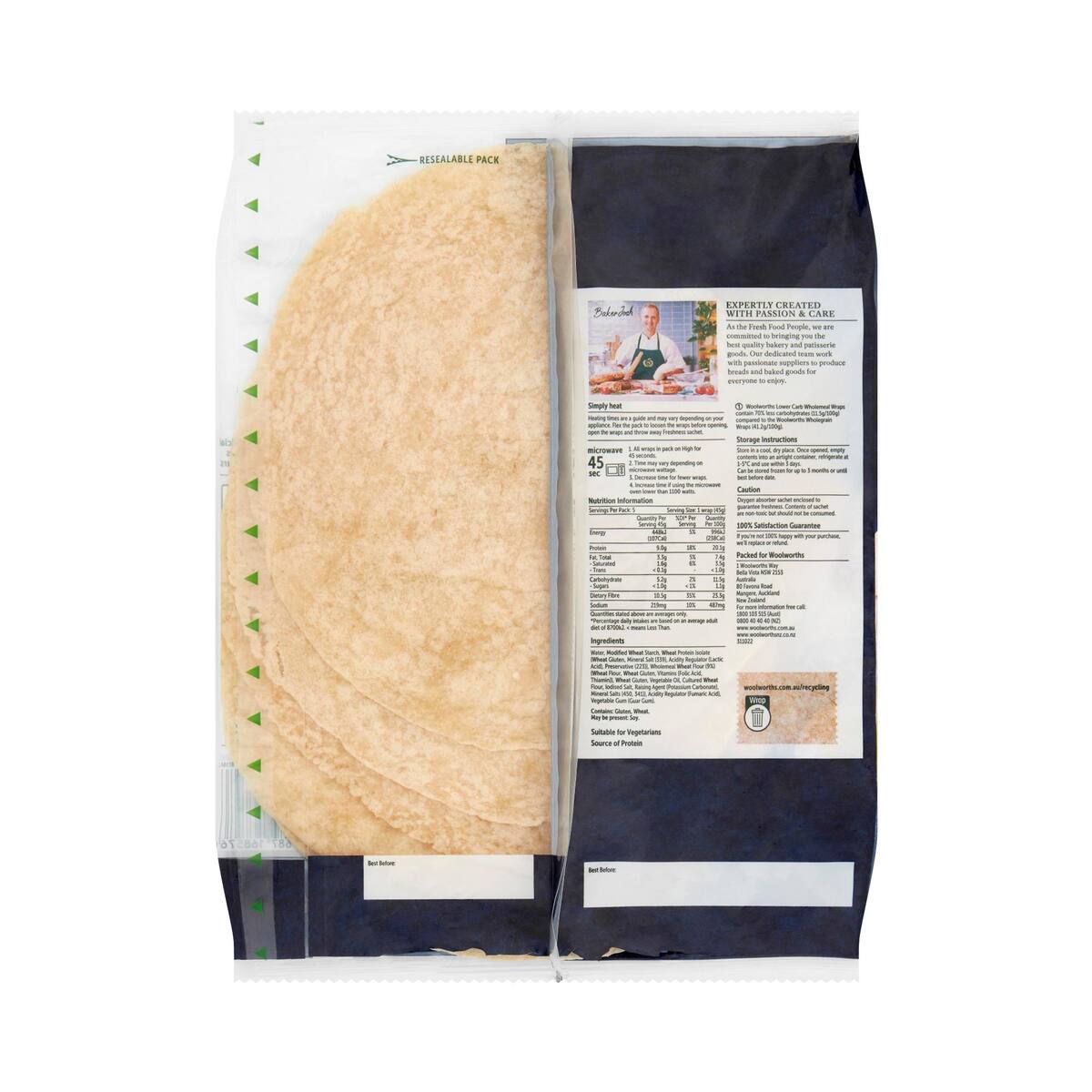 Woolworths Lower Carb Wholemeal Wrap 5 Pack bunch