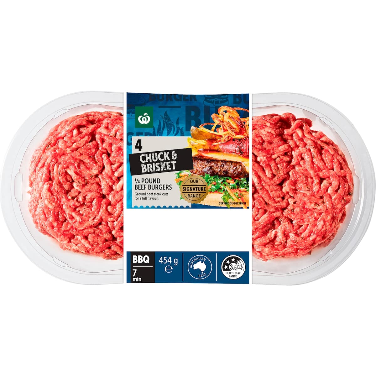 Woolworths 4 Chuck & Brisket Quarter Pound Beef Burgers 454g bunch