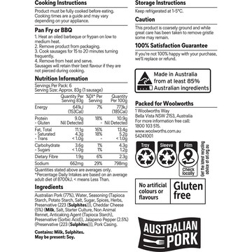 Woolworths Gourmet Pork Sausages With Jalapenos & Cheddar 500g