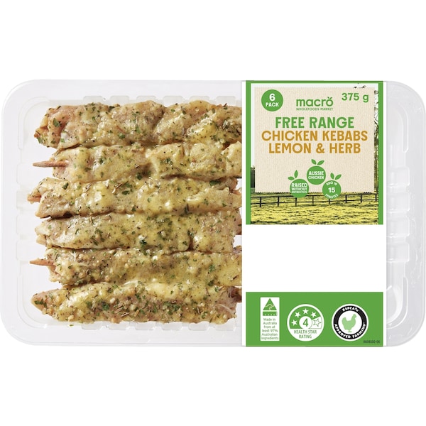 Macro 6 Free Range Chicken Kebabs Lemon & Herb 375g