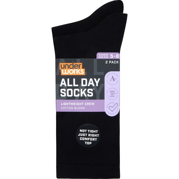 Underworks Ladies All Day Lightweight Crew Socks Size 5-8 Assorted 2 pack