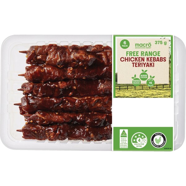 Macro 6 Free Range Chicken Kebabs Teriyaki 375g