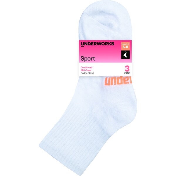 Underworks Ladies Sport Mid Crew Cotton Blend Socks White Size 5-8 3 pack