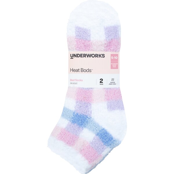Underworks Ladies Heat Bods Bed Socks Size 5-10 Assorted 2 pack