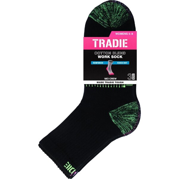 Tradie Womens Rib Mid Crew Work Socks Size 5-8 3 pack