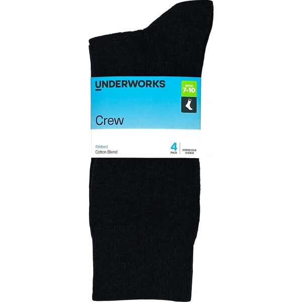 Underworks Mens Cotton Ribbed Crew Socks Black Size 7-10 4 pack