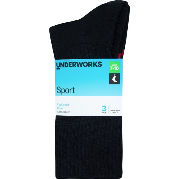 Underworks Sports Cushioned Crew Socks Mens Size 7-10 Black 3 pack