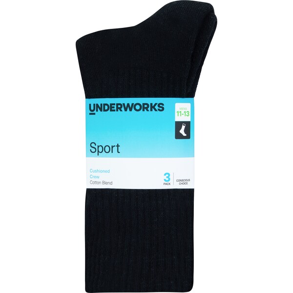 Underworks Mens Sport Cushioned Crew Socks Size 11-13 Assorted 3 pack