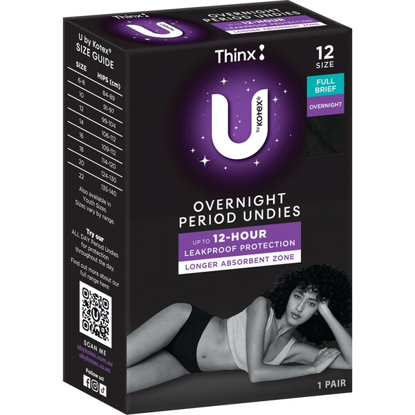 U by Kotex Thinx Reusable Period Undies Full Brief Overnight Size 12 each