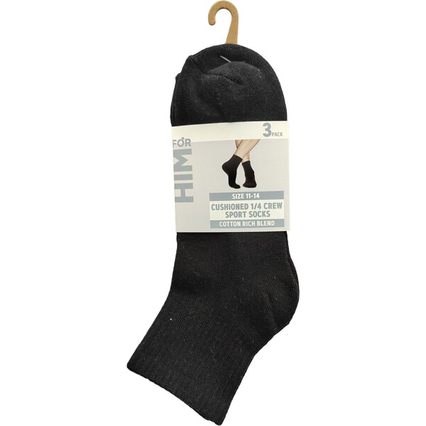 For Him Mens Cushioned Quarter Crew Socks Size 11-14 Assorted 3 pack