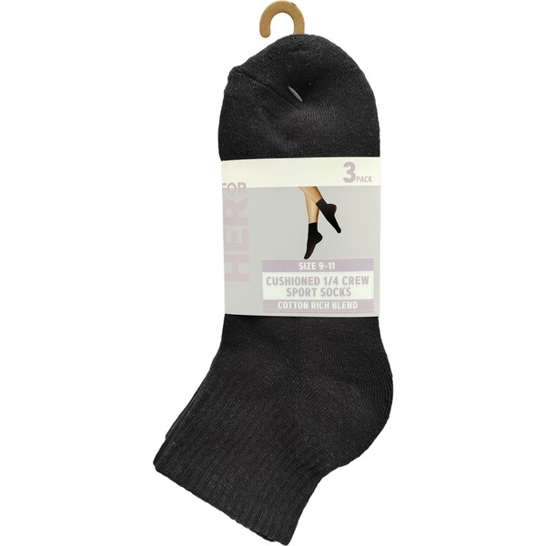 For Her Quarter Crew Cushioned Sports Socks Size 9-11 Assorted 3 pack