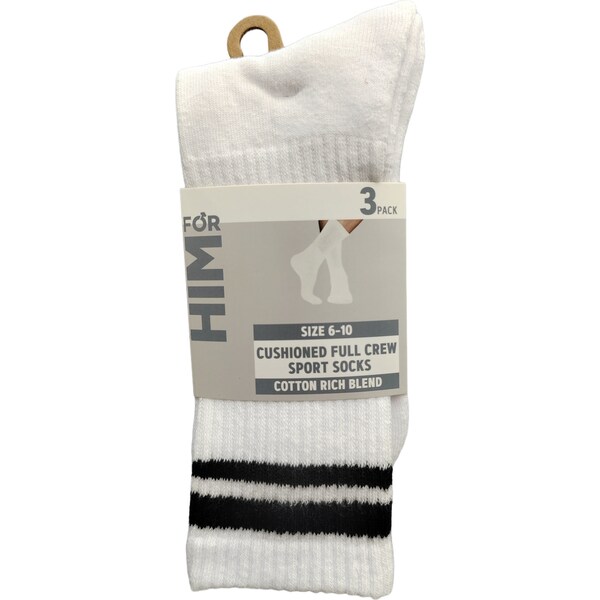 For Him Mens Full Crew Sport Socks Size 6-10 3 pack