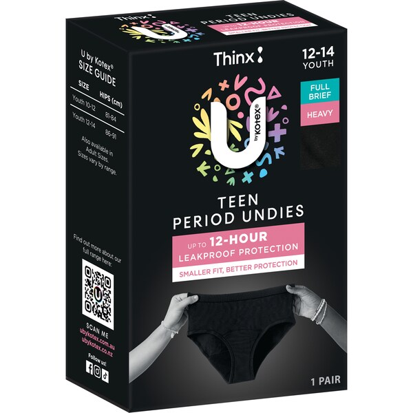 U by Kotex Thinx Teen Period Undies Full Brief Heavy Size 12-14 each