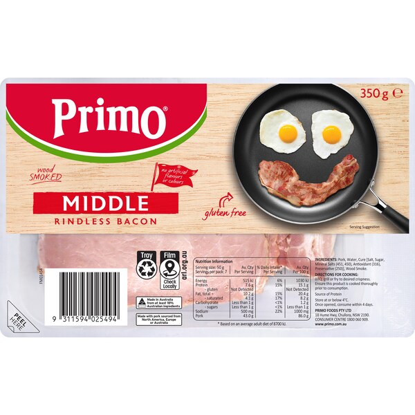 Primo Middle Bacon Rindless 350g