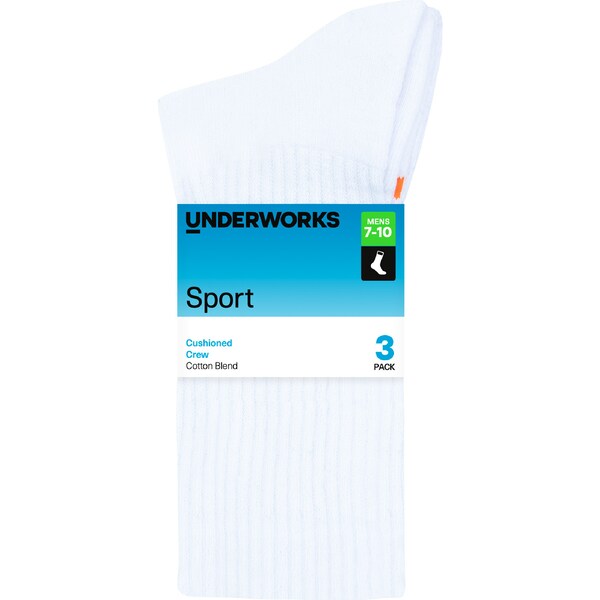 Underworks Mens Cushioned Crew Sports Socks White Size 7-10 3 pack