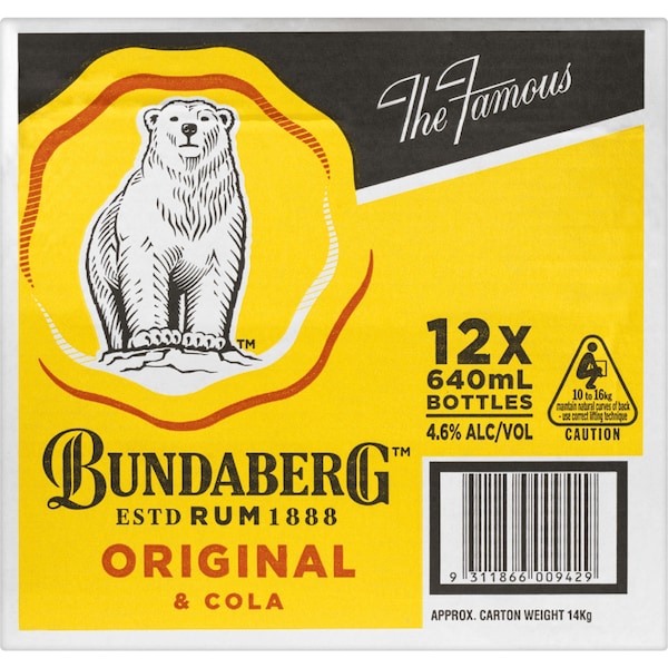 Bundaberg Rum & Cola Bottles 640mL x 12 pack