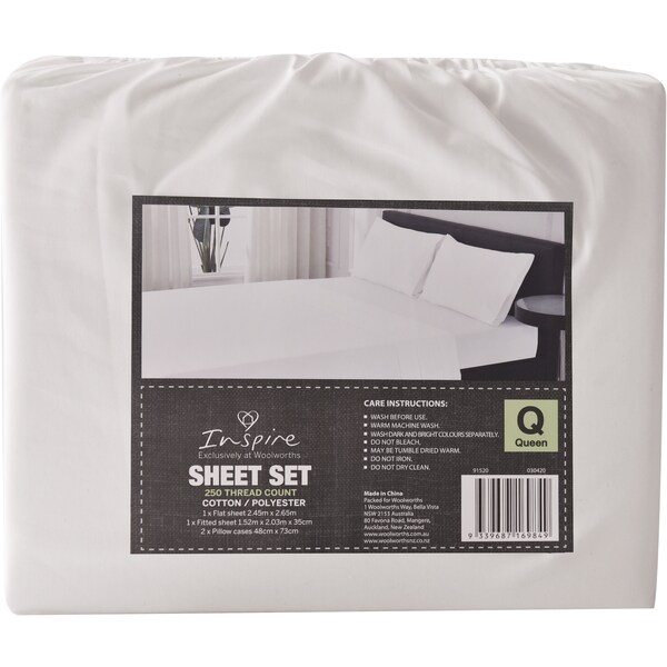 Inspire Sheet Set 250 Thread Count Queen White Each