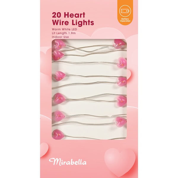 Mirabella Valentine's Day 20 Heart Wire Lights each