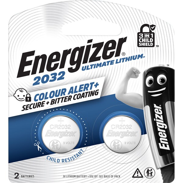 Energizer CR2032 Ultimate Lithium Coin Battery 3-In-1 Child Shield 2 pack