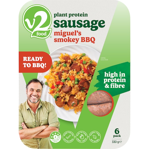 V2 Plant Protein Sausages Miguel's Smokey BBQ 6 pack