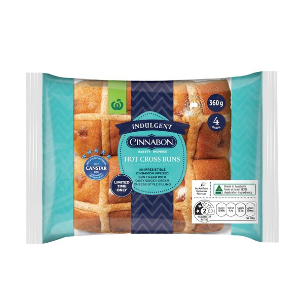 Woolworths Easter Indulgent Hot Cross Buns Filled With Cinnabon 4 pack