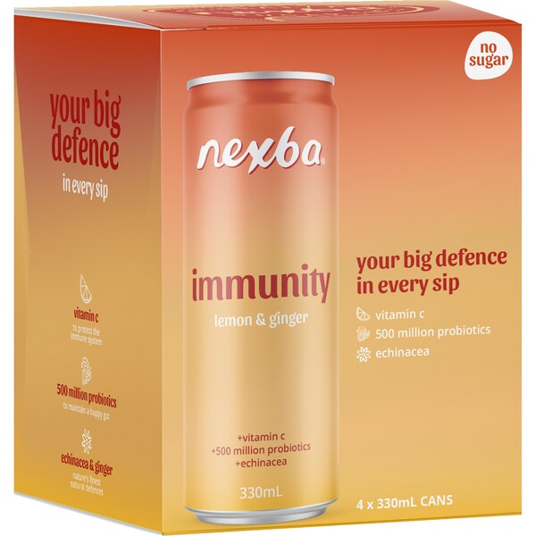 Nexba Immunity Lemon & Ginger Drink Cans 330mL x 4 pack