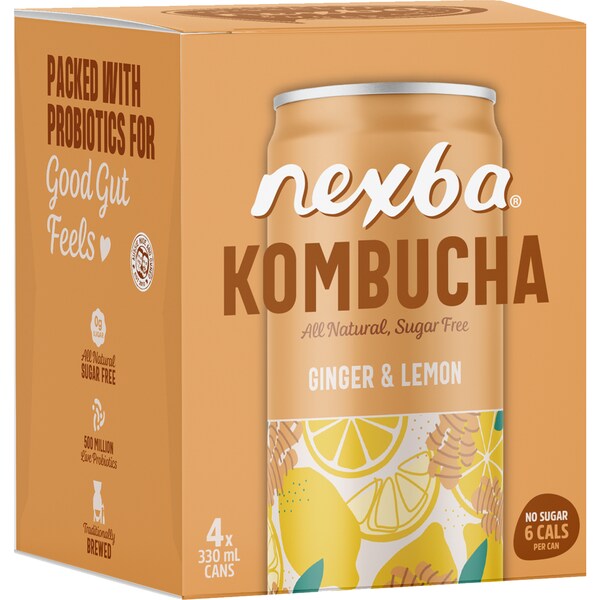 Nexba Kombucha Ginger & Lemon Cans 330mL x 4 pack