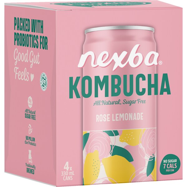 Nexba Kombucha Rose Lemonade Drink Cans 330mL x 4 pack
