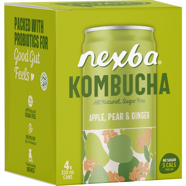 Nexba Kombucha Apple Pear & Ginger Drink Cans 330mL x 4 pack