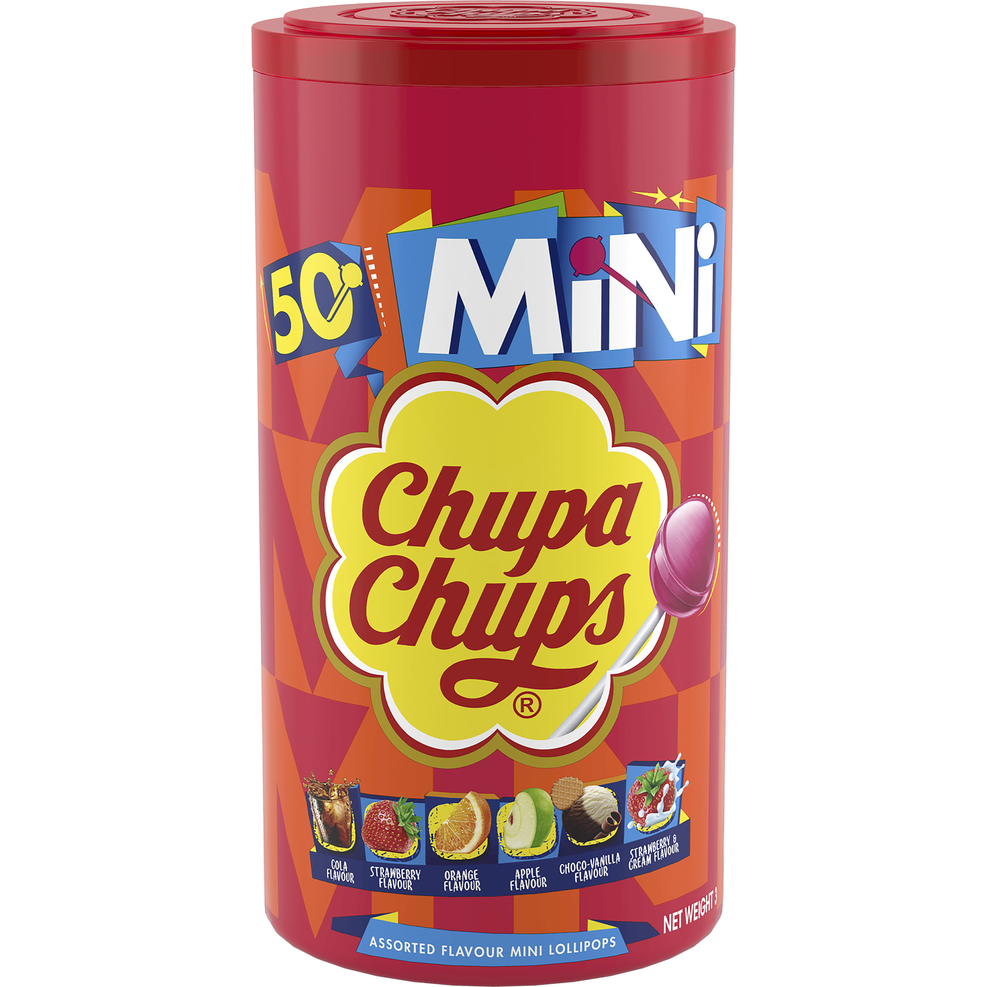50x Chupa Chups Mini Lollipops Assortment – Cola, Fruit, Cream, Strawberry, Orange