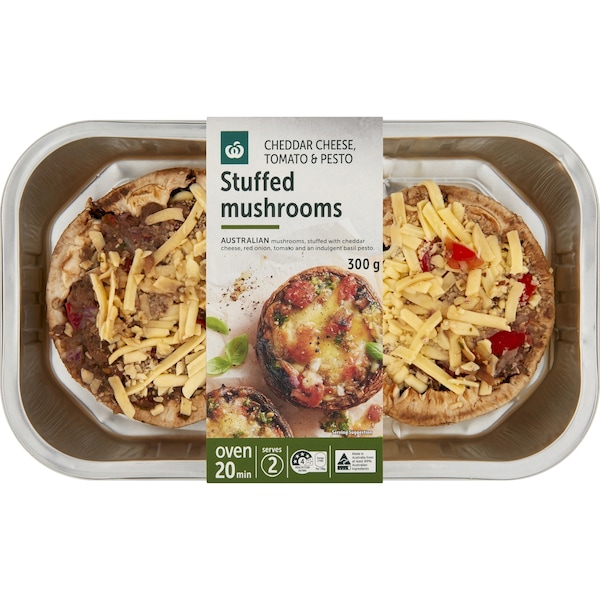 Woolworths Cook Stuffed Mushrooms With Cheddar Cheese Tomato & Pesto 300g