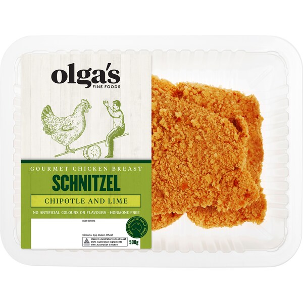 Olga's Fine Foods Gourmet Chicken Breast Schnitzel Chipotle & Lime 500g