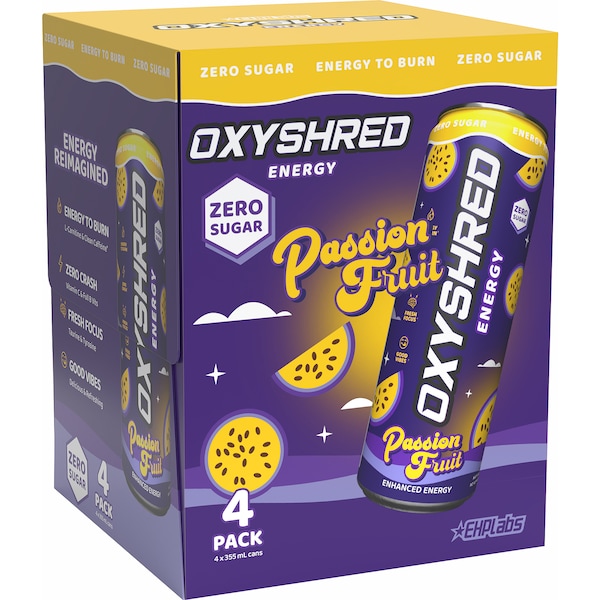 OxyShred Energy Drink Passionfruit Cans 355mL x 4 pack