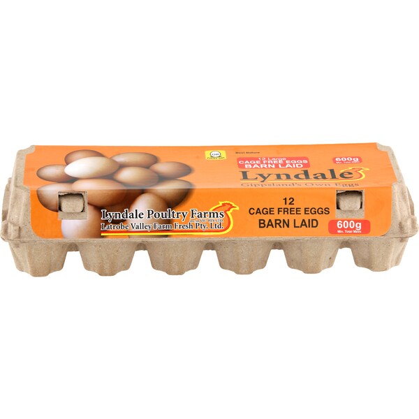 Lyndale Gippsland's Own Eggs 12 Large Cage Free Eggs Barn Laid 600g