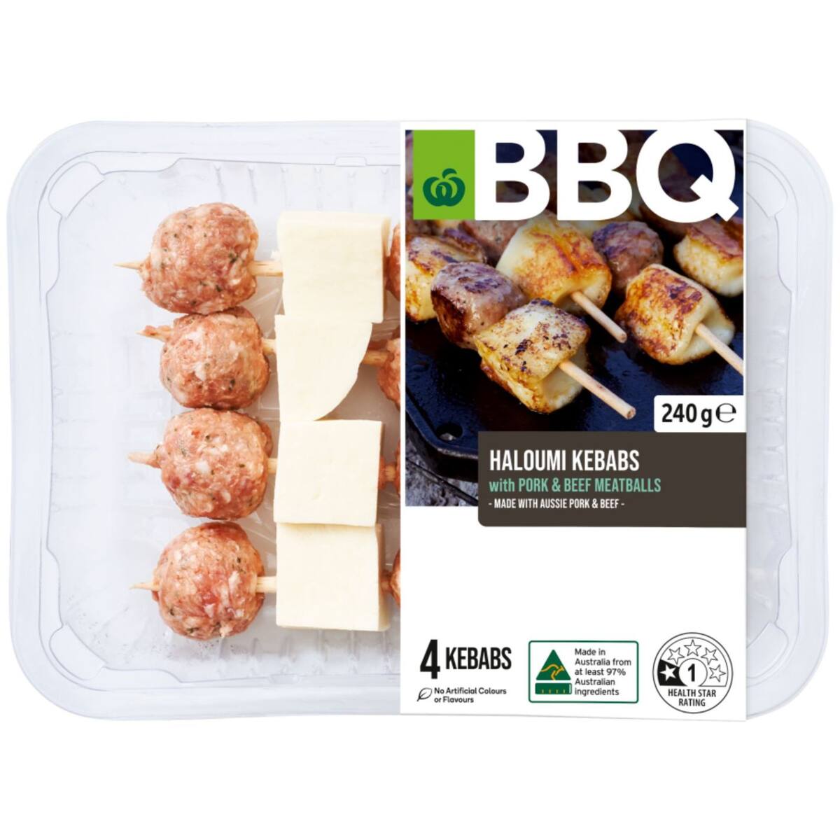 Woolworths Bbq Haloumi Kebabs With Pork and Beef Meatballs 240g bunch