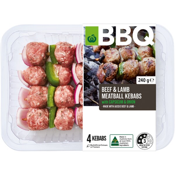 Woolworths Bbq Beef & Lamb Meatball Kebabs With Capsicum & Onion 240g