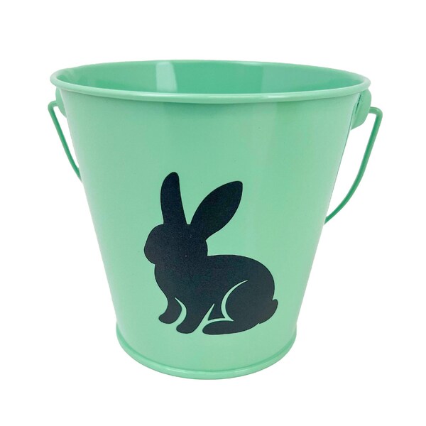 Easter Metal Egg Hunting Bucket With Bunny Print Green each