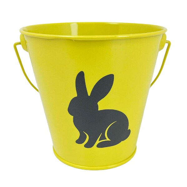 Easter Metal Egg Hunting Bucket With Bunny Print Yellow each