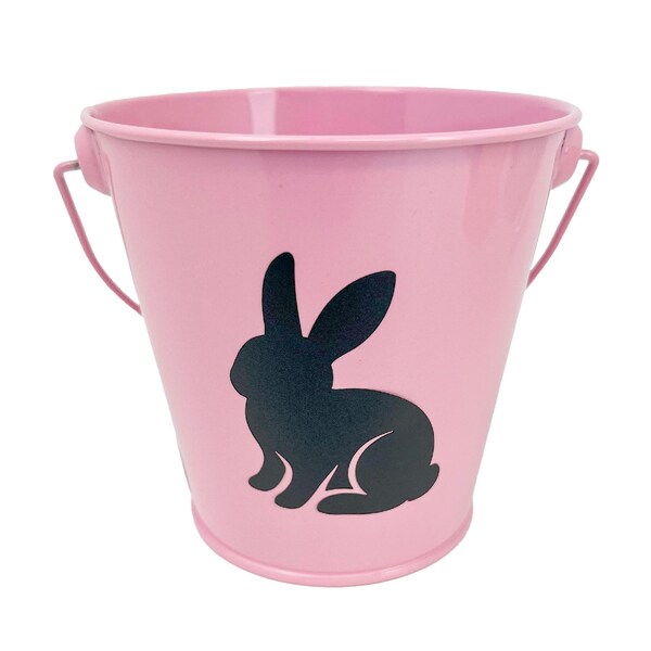 Easter Metal Egg Hunting Bucket With Bunny Print Pink each