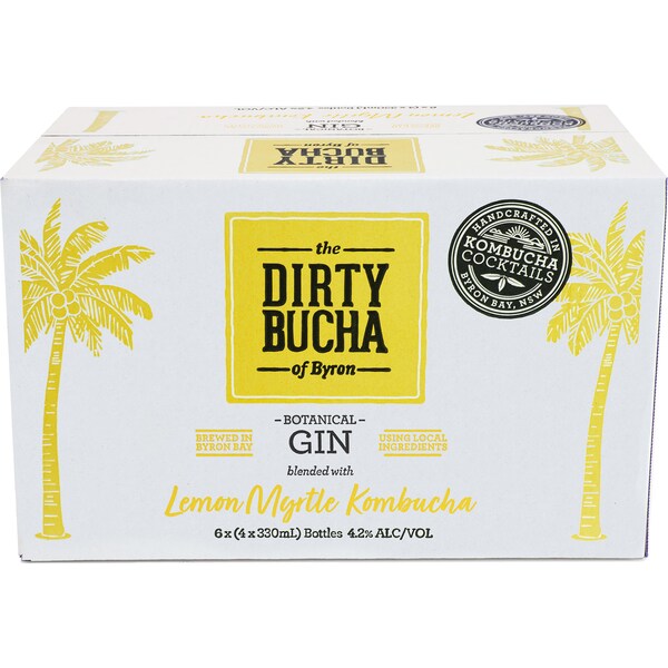 The Dirty Bucha of Byron Gin & Lemon Myrtle Kombucha Bottles 330ml x24 Case