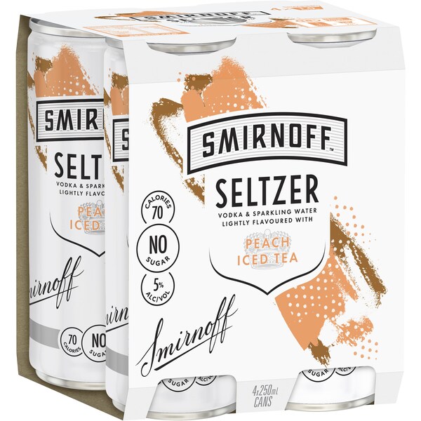 Smirnoff Seltzer Peach Iced Tea No Sugar 250ml x4 Pack